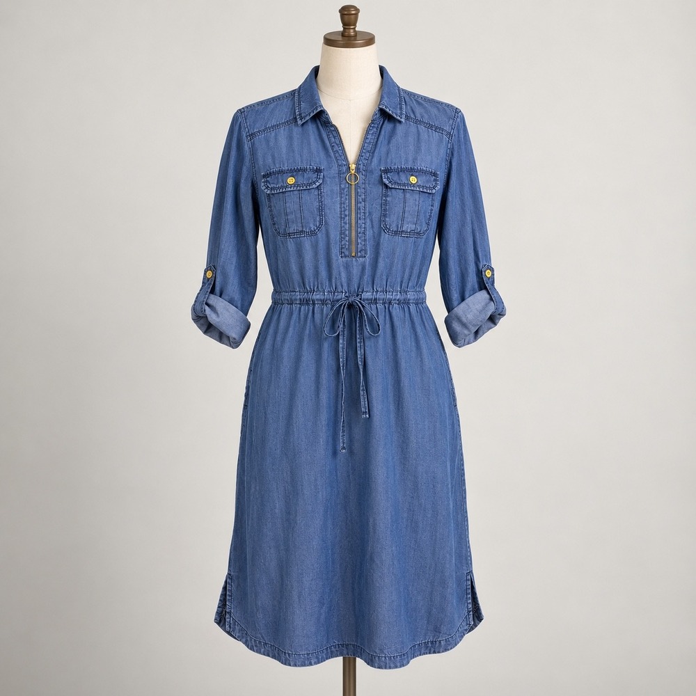 INC International Concepts Shirtdress 6 Blue Lyocell Half Zip Utility Roll Tab
